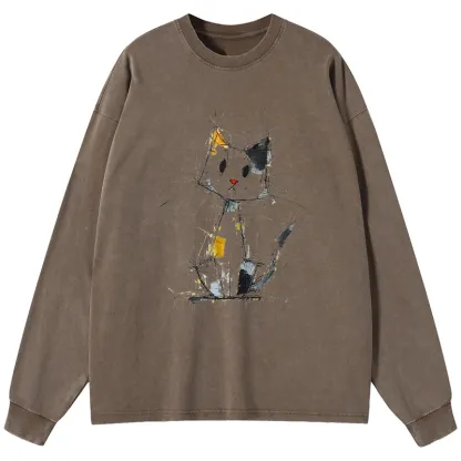 Tokyo-Tiger Minimal Splash Ink Cute Cat Washed Long Sleeve T-Shirt