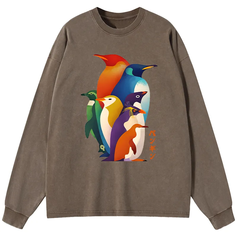 Tokyo-Tiger Cute Multi Tone Penguins Washed Long Sleeve T-Shirt