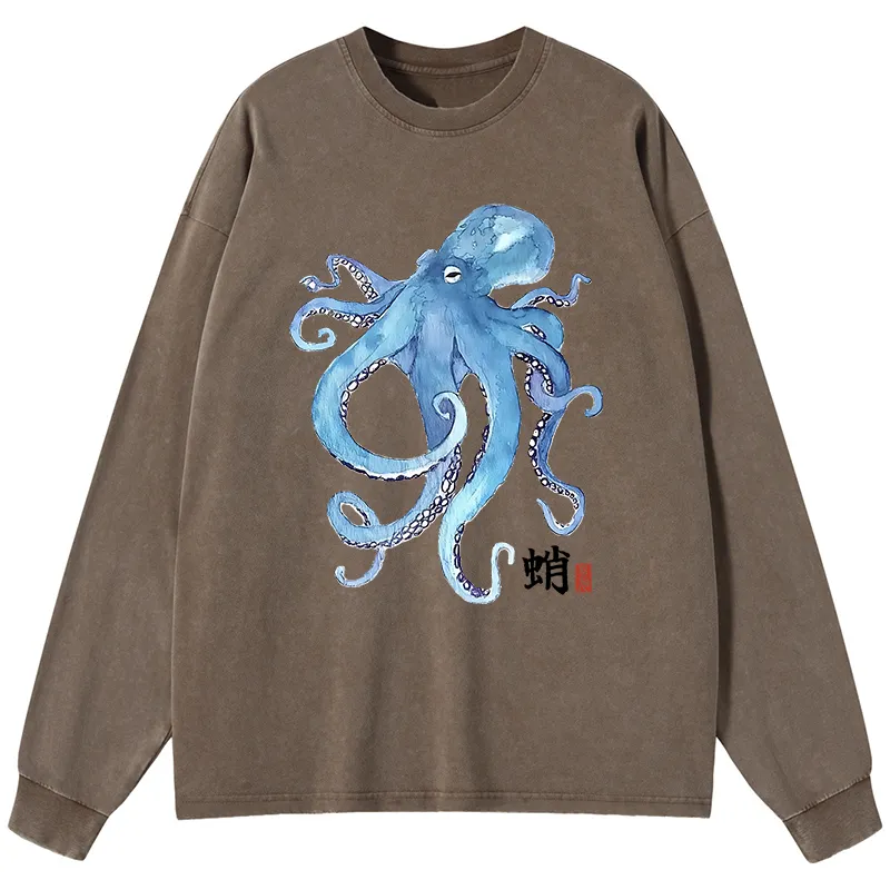 Tokyo-Tiger Watercolor Blue Octopus Washed Long Sleeve T-Shirt