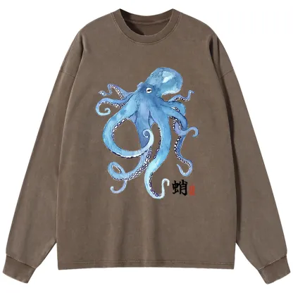 Tokyo-Tiger Watercolor Blue Octopus Washed Long Sleeve T-Shirt