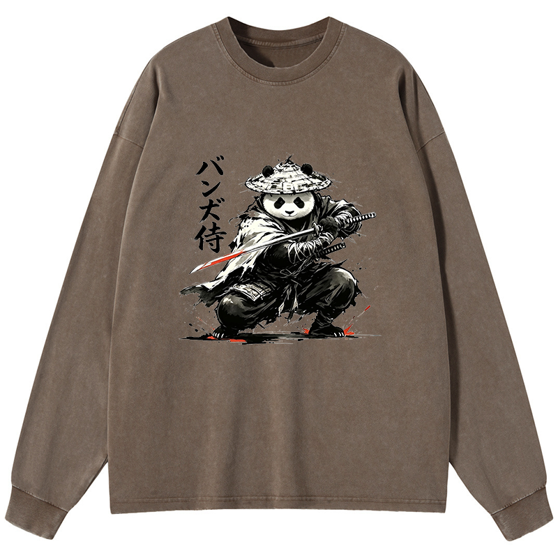 Tokyo-Tiger Panda Samurai Warrior Washed Long Sleeve T-Shirt