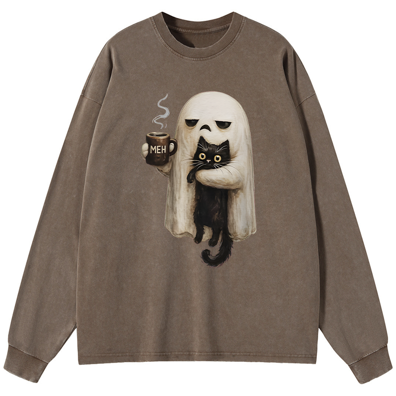 Tokyo-Tiger Ghost Cat Coffee Mood Washed Long Sleeve T-Shirt