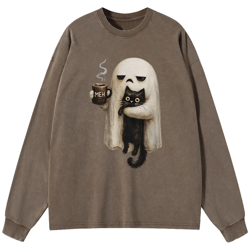 Tokyo-Tiger Ghost Cat Coffee Mood Washed Long Sleeve T-Shirt