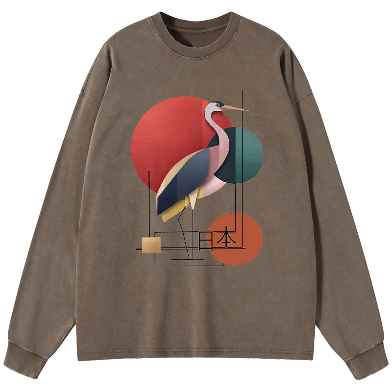 Tokyo-Tiger Geometric Crane Art Washed Long Sleeve T-Shirt