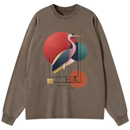 Tokyo-Tiger Geometric Crane Art Washed Long Sleeve T-Shirt