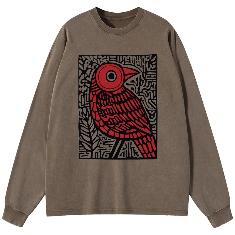 Tokyo-Tiger Retro Woodblock Bird Washed Long Sleeve T-Shirt