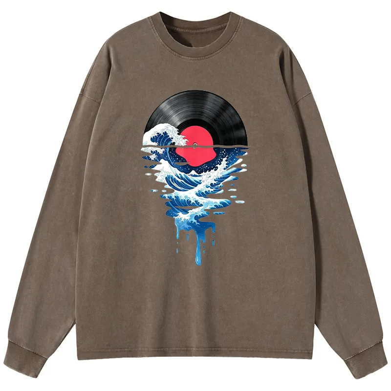 Tokyo-Tiger Vinyl Records And Waves Washed Long Sleeve T-Shirt