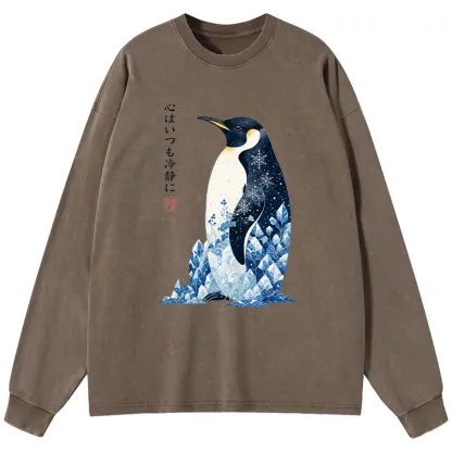 Tokyo-Tiger Keep Calm Penguin Washed Long Sleeve T-Shirt