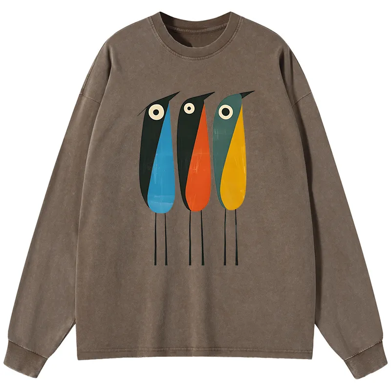Tokyo-Tiger Bold Shape Birds Washed Long Sleeve T-Shirt