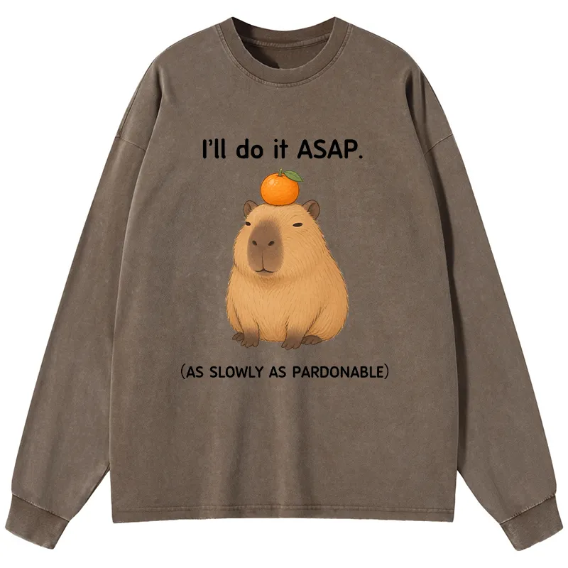Tokyo-Tiger Slow Task Capybara Meme Washed Long Sleeve T-Shirt