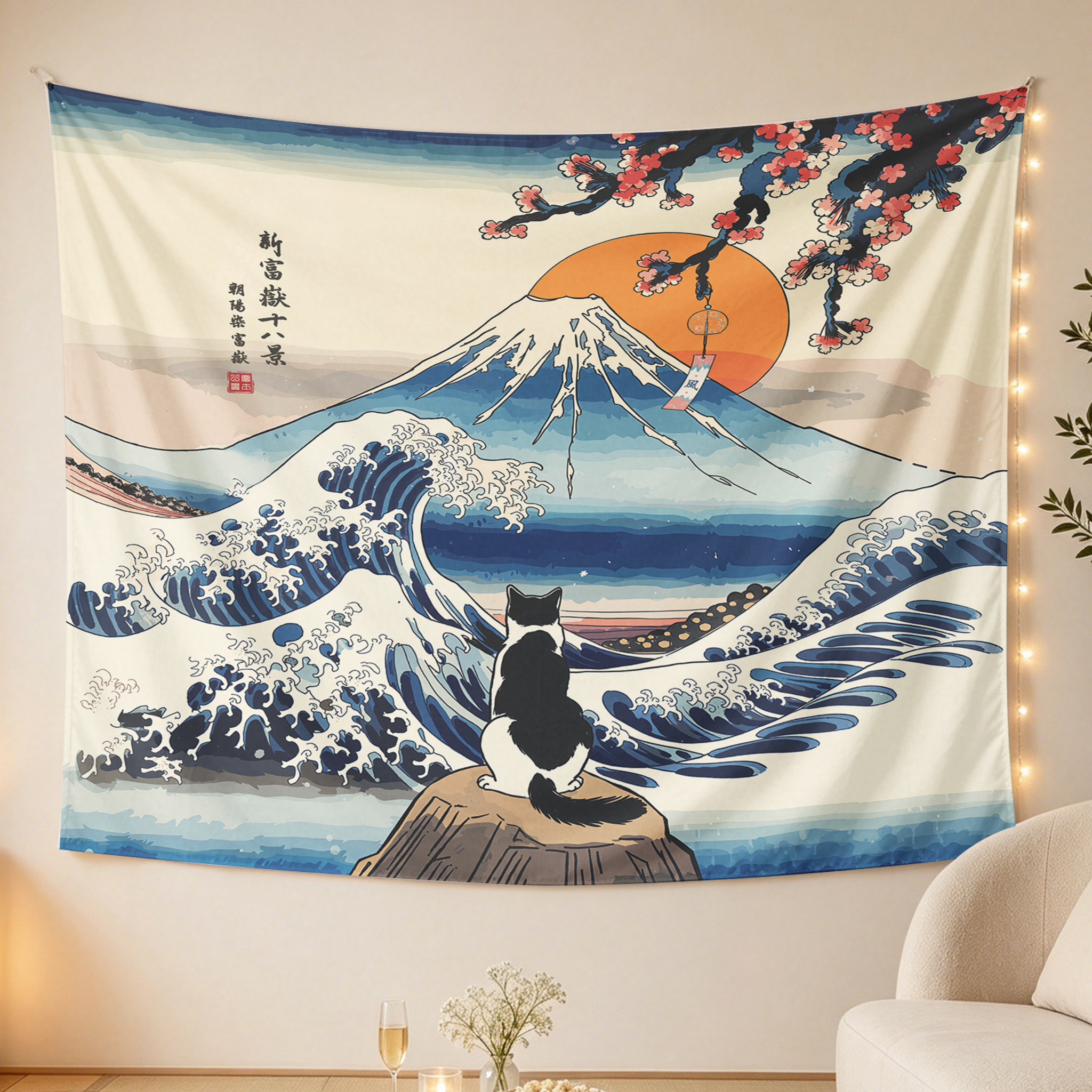 Tokyo-Tiger Cat Looking At The Great Wave Tapestry