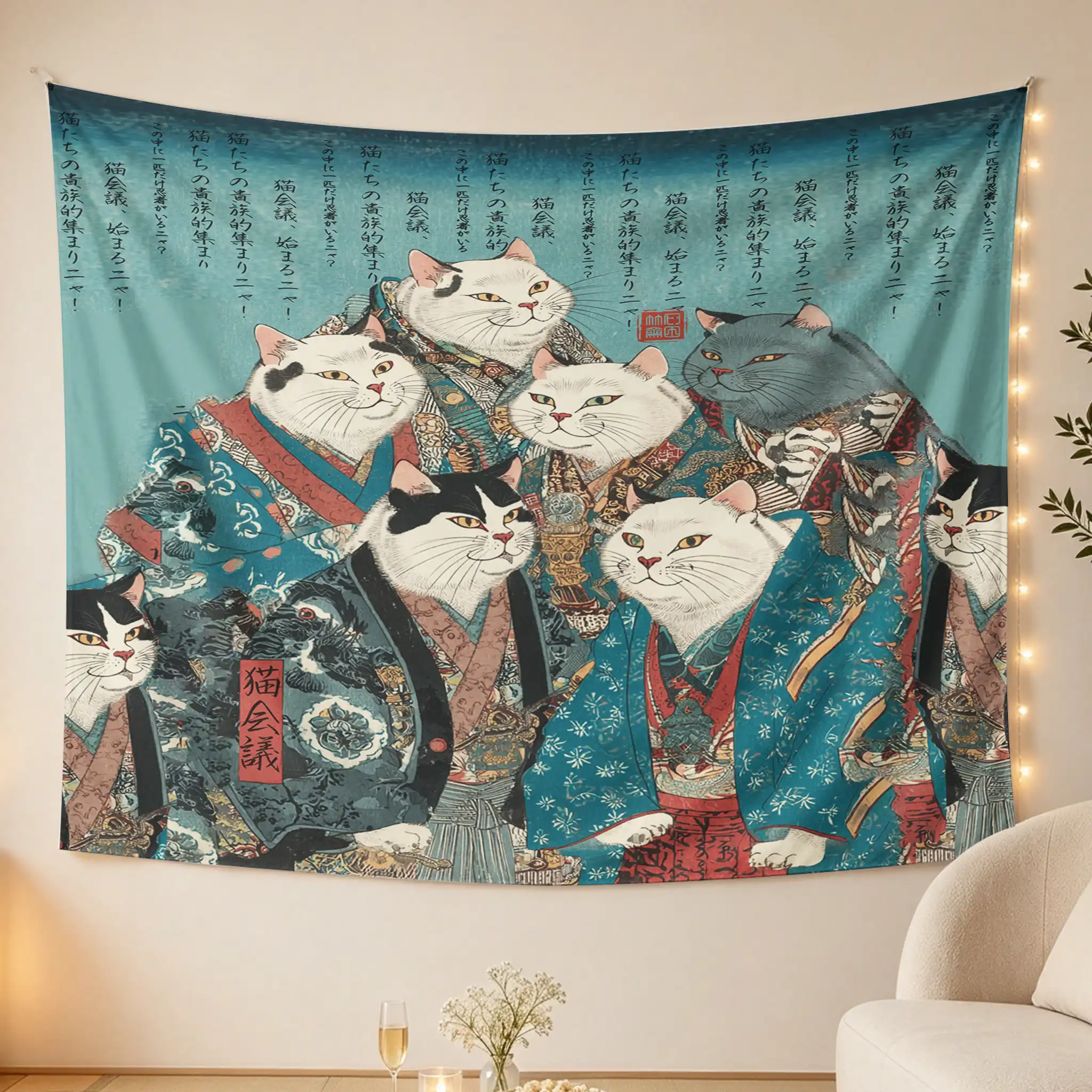 Tokyo-Tiger Formal Gathering of Ukiyo-e Cat Nobles Tapestry