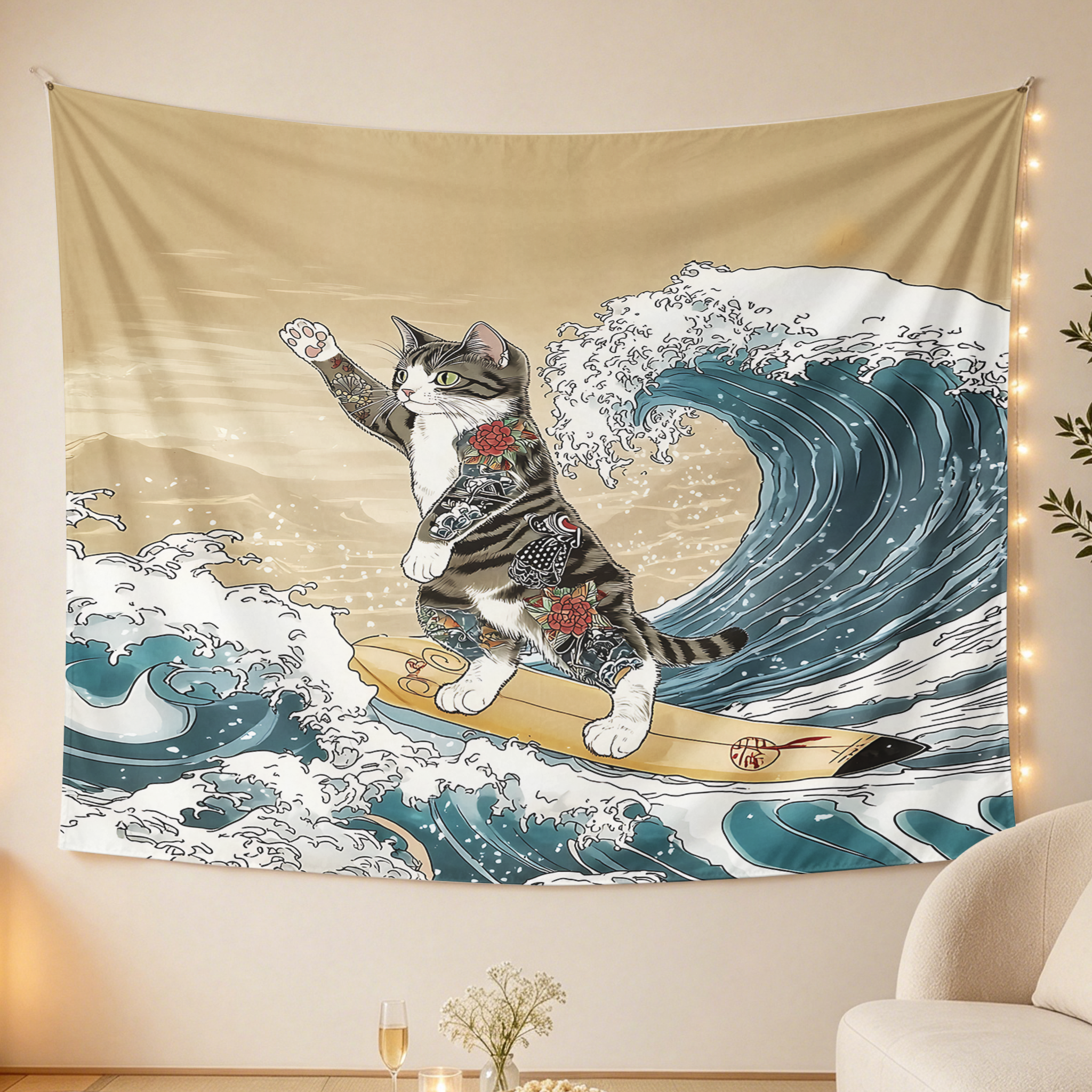 Tokyo-Tiger Cat Surfing Tapestry