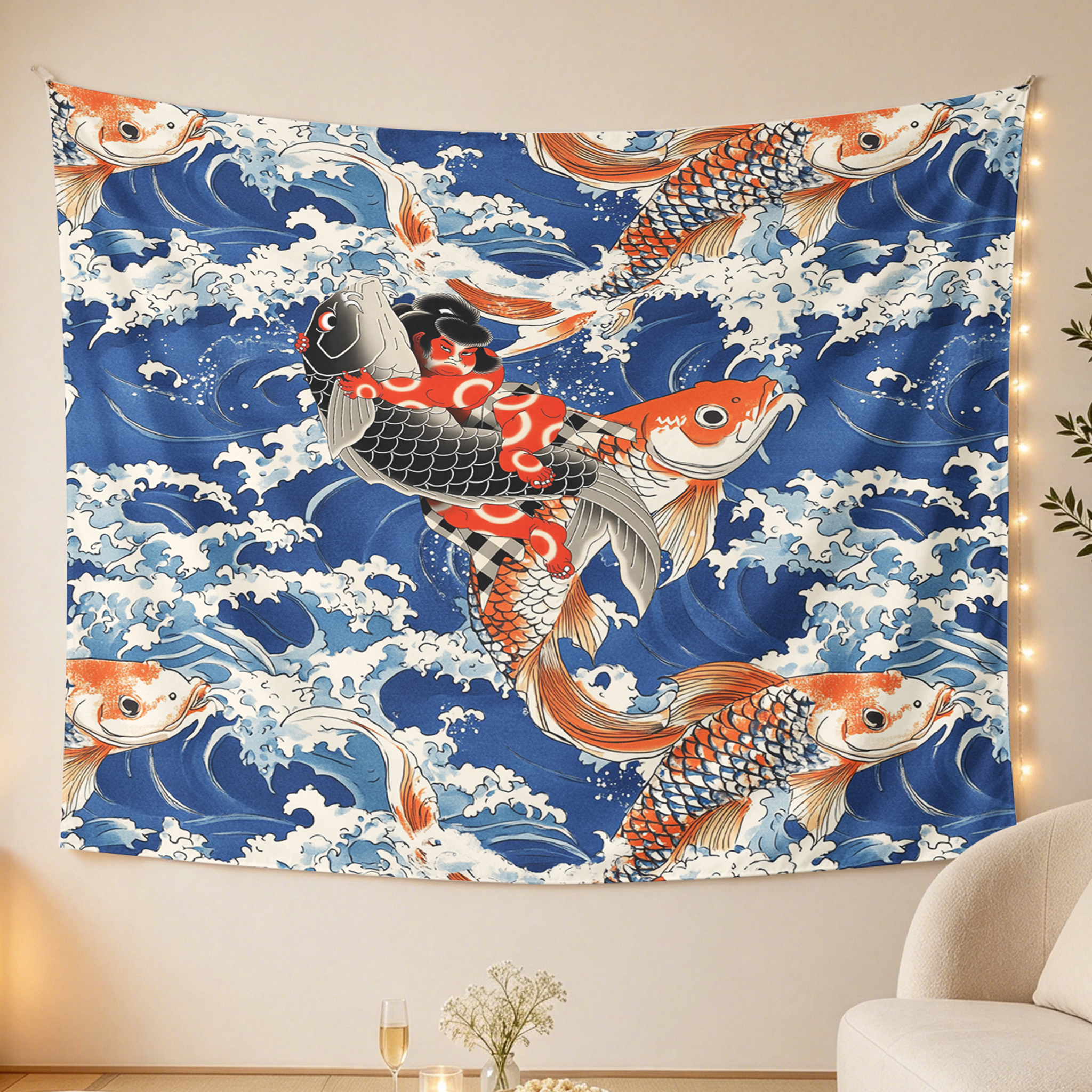 Tokyo-Tiger Sumo Wrestler Holding A Koi Tapestry