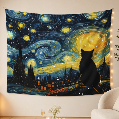 Tokyo-Tiger Black Cat Under The Stars Tapestry