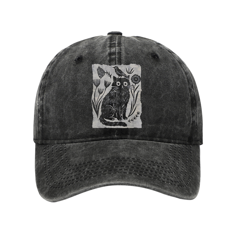 Tokyo-Tiger Folk Paper Cut Cat Bird Floral Art Washed Cap