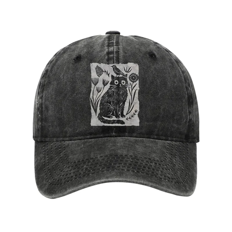 Tokyo-Tiger Folk Paper Cut Cat Bird Floral Art Washed Cap