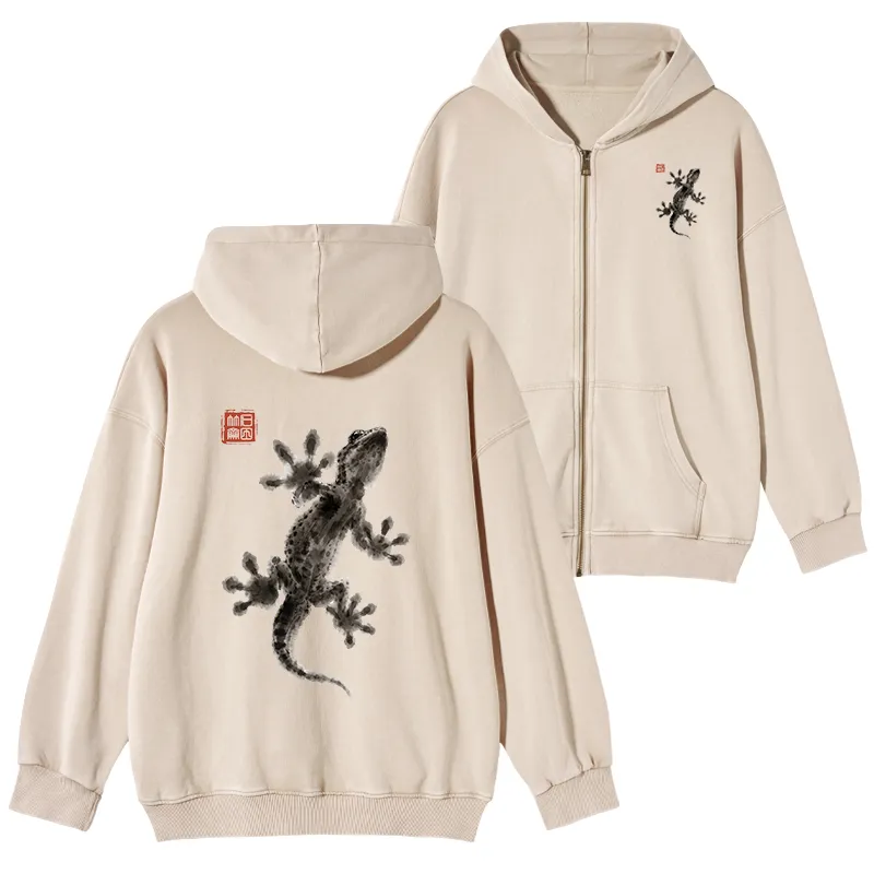 Tokyo-Tiger Minimal Asian Ink Brush Gecko Vibe Washed Zip Hoodie