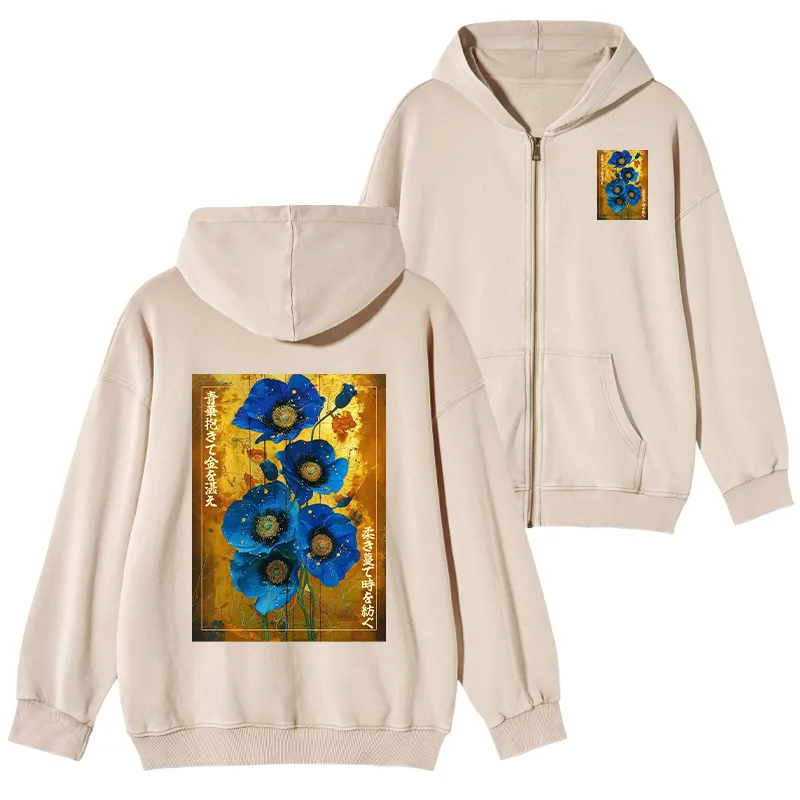 Tokyo-Tiger Shiny Blue Flower Warm Golden Background Washed Zip Hoodie