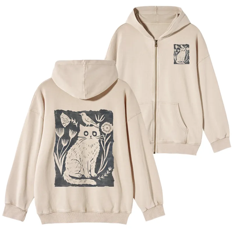 Tokyo-Tiger Folk Paper Cut Cat Bird Floral Art Washed Zip Hoodie