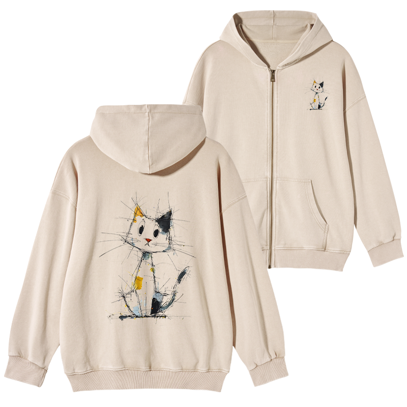 Tokyo-Tiger Minimal Splash Ink Cute Cat Washed Zip Hoodie