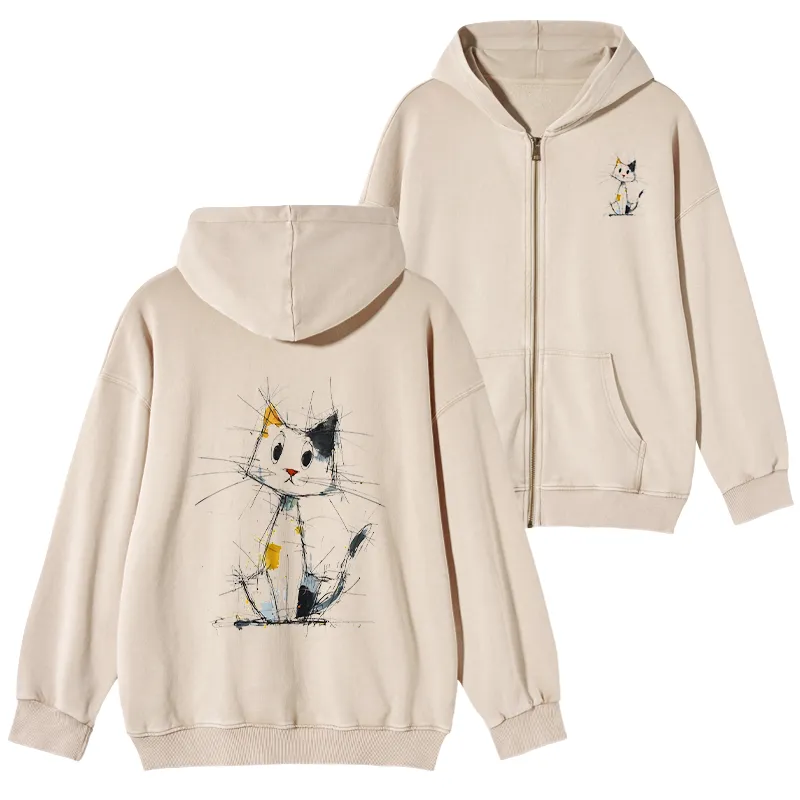 Tokyo-Tiger Minimal Splash Ink Cute Cat Washed Zip Hoodie