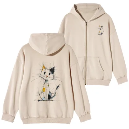 Tokyo-Tiger Minimal Splash Ink Cute Cat Washed Zip Hoodie