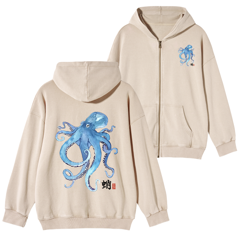 Tokyo-Tiger Watercolor Blue Octopus Washed Zip Hoodie