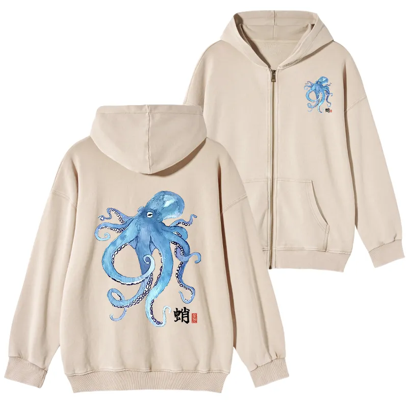 Tokyo-Tiger Watercolor Blue Octopus Washed Zip Hoodie