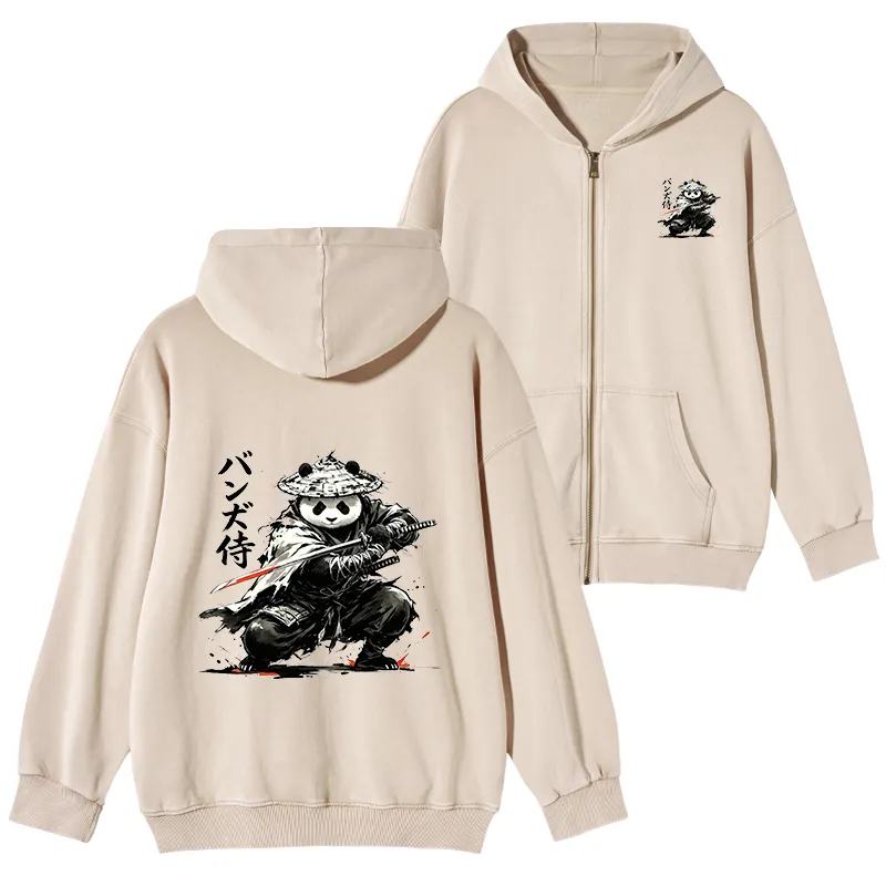 Tokyo-Tiger Panda Samurai Warrior Washed Zip Hoodie