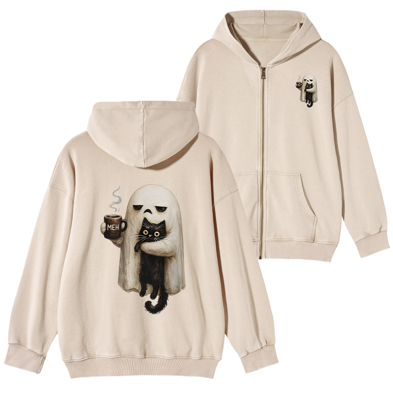 Tokyo-Tiger Ghost Cat Coffee Mood Washed Zip Hoodie