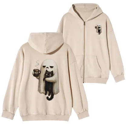 Tokyo-Tiger Ghost Cat Coffee Mood Washed Zip Hoodie