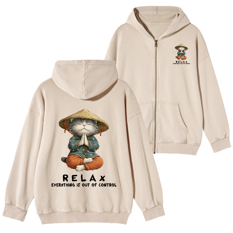 Tokyo-Tiger Zen Relax Cat Graphic Washed Zip Hoodie