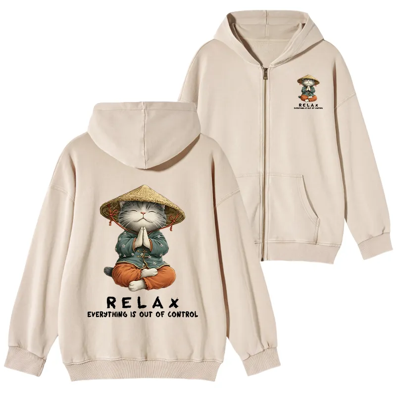 Tokyo-Tiger Zen Relax Cat Graphic Washed Zip Hoodie