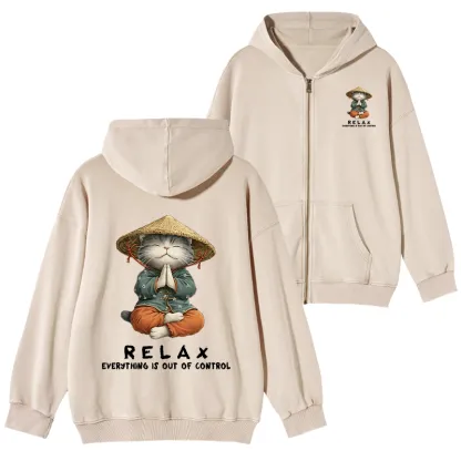 Tokyo-Tiger Zen Relax Cat Graphic Washed Zip Hoodie