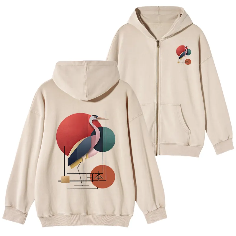 Tokyo-Tiger Geometric Crane Art Washed Zip Hoodie