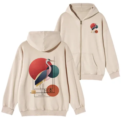 Tokyo-Tiger Geometric Crane Art Washed Zip Hoodie