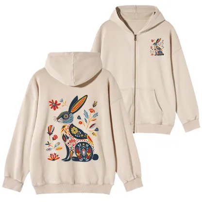 Tokyo-Tiger Folk Hare Bloom Washed Zip Hoodie