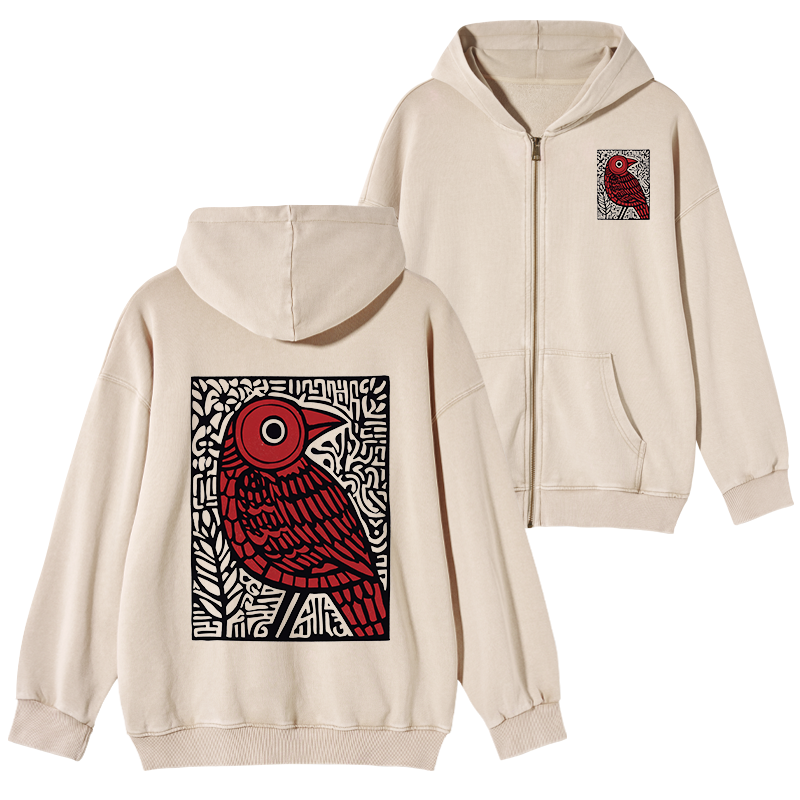 Tokyo-Tiger Retro Woodblock Bird Washed Zip Hoodie
