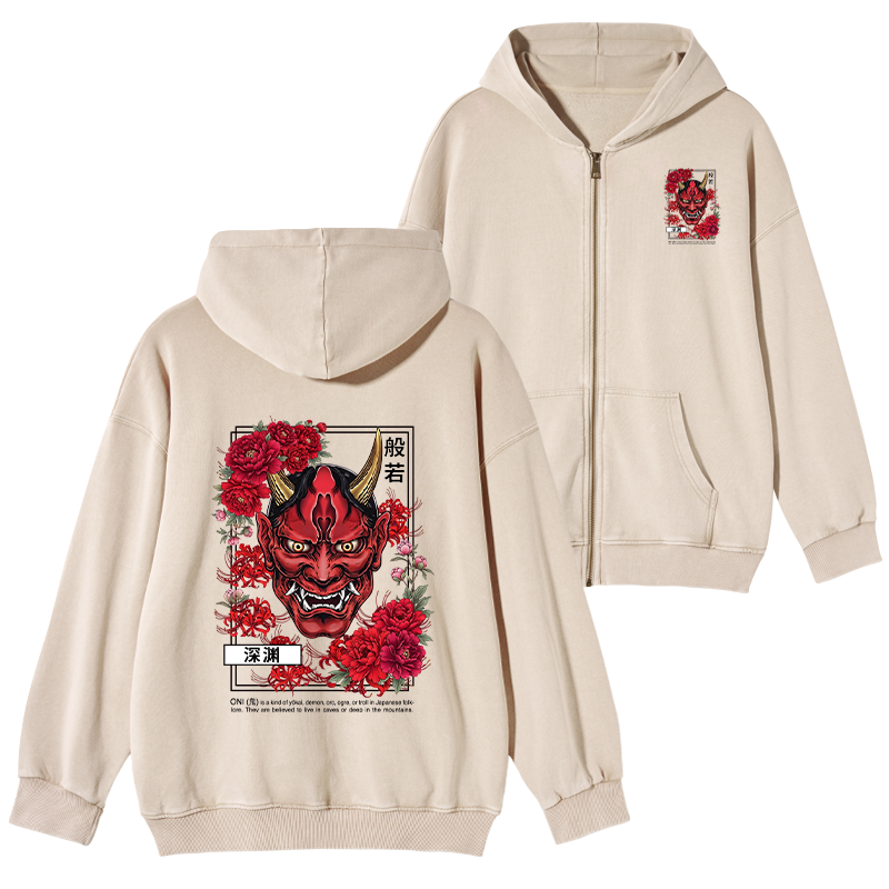 Tokyo-Tiger Cool Oni Floral Art Washed Zip Hoodie
