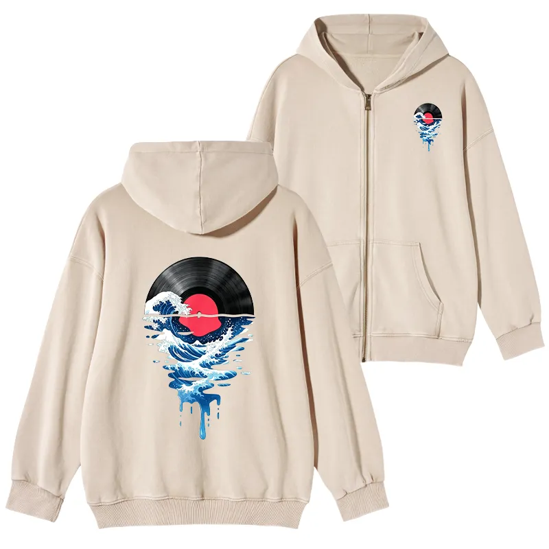 Tokyo-Tiger Vinyl Records And Waves Washed Zip Hoodie Sale