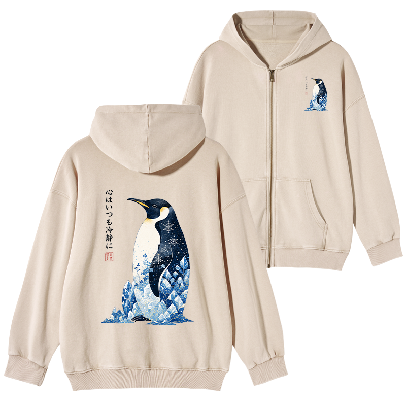 Tokyo-Tiger Keep Calm Penguin Washed Zip Hoodie