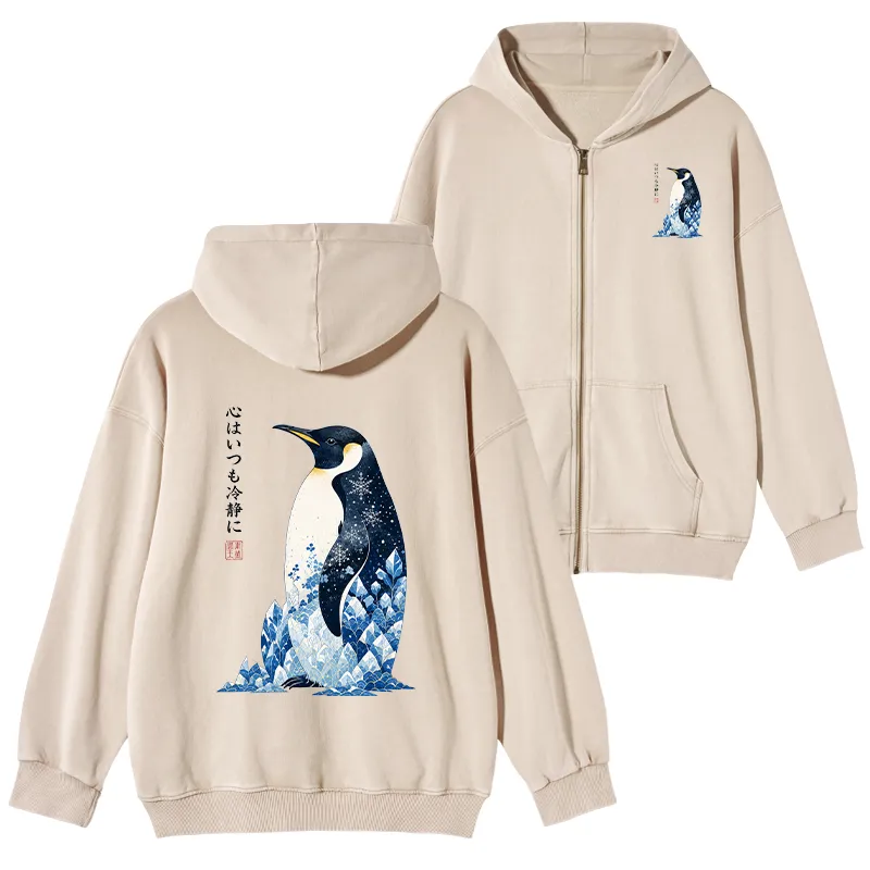 Tokyo-Tiger Keep Calm Penguin Washed Zip Hoodie