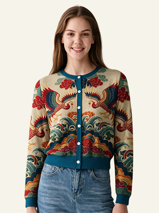 Tokyo-Tiger Vermilion Phoenixes in Brocade Skies Women's Lightweight Cardigan