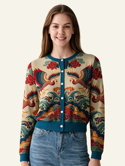 Tokyo-Tiger Vermilion Phoenixes in Brocade Skies Women's Lightweight Cardigan