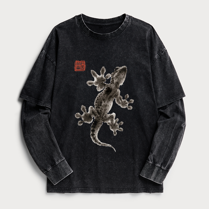 Tokyo-Tiger Minimal Asian Ink Brush Gecko Vibe Washed Double Layer T-Shirt