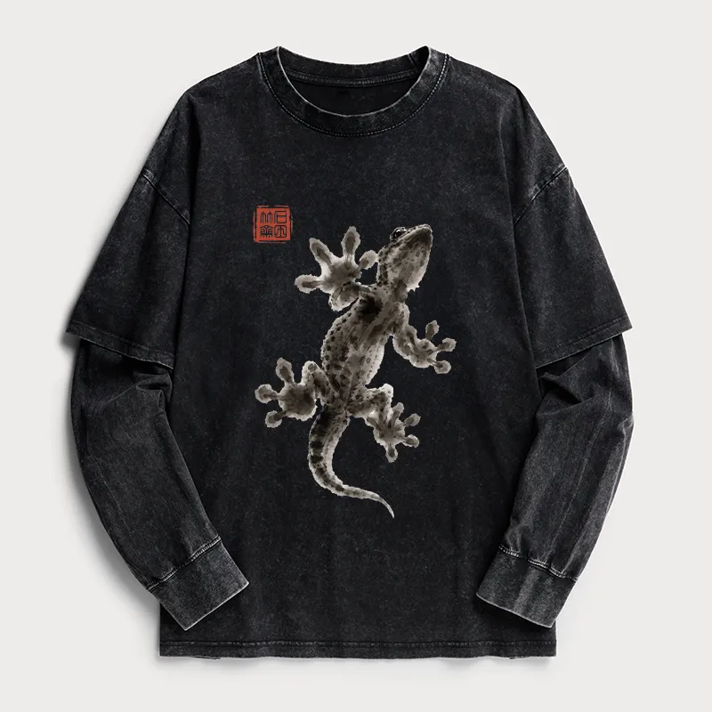 Tokyo-Tiger Minimal Asian Ink Brush Gecko Vibe Washed Double Layer T-Shirt Sale