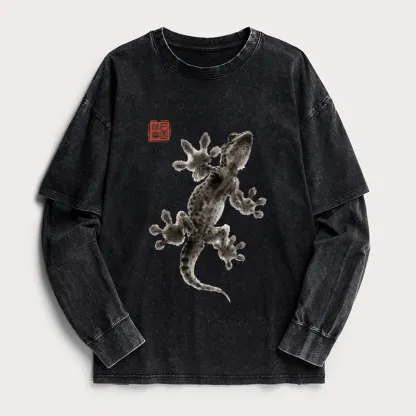 Tokyo-Tiger Minimal Asian Ink Brush Gecko Vibe Washed Double Layer T-Shirt