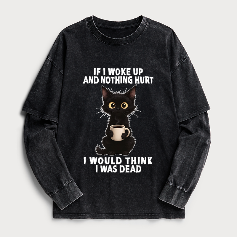 Tokyo-Tiger Funny Cute Black Cat And Coffee Meme Washed Double Layer T-Shirt