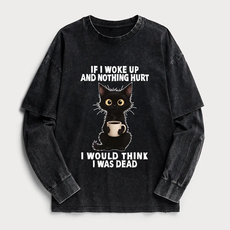 Tokyo-Tiger Funny Cute Black Cat And Coffee Meme Washed Double Layer T-Shirt Sale